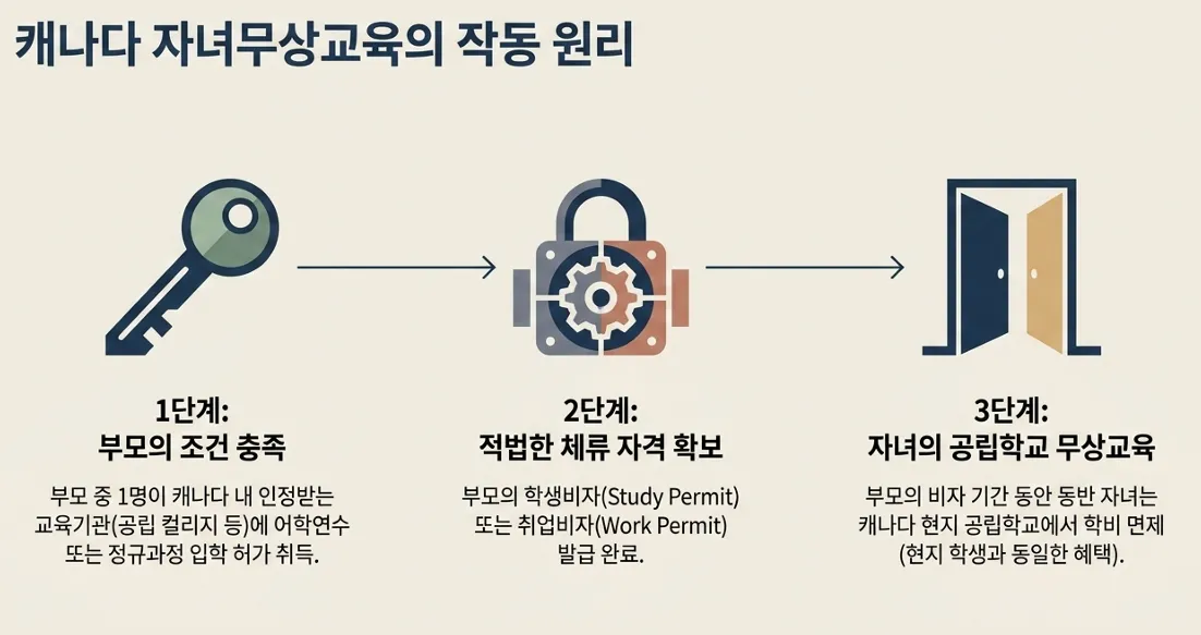 캐나다 자녀무상교육 자격 구조(부모 신분에 따른 자녀 공립 무상) 다이어그램