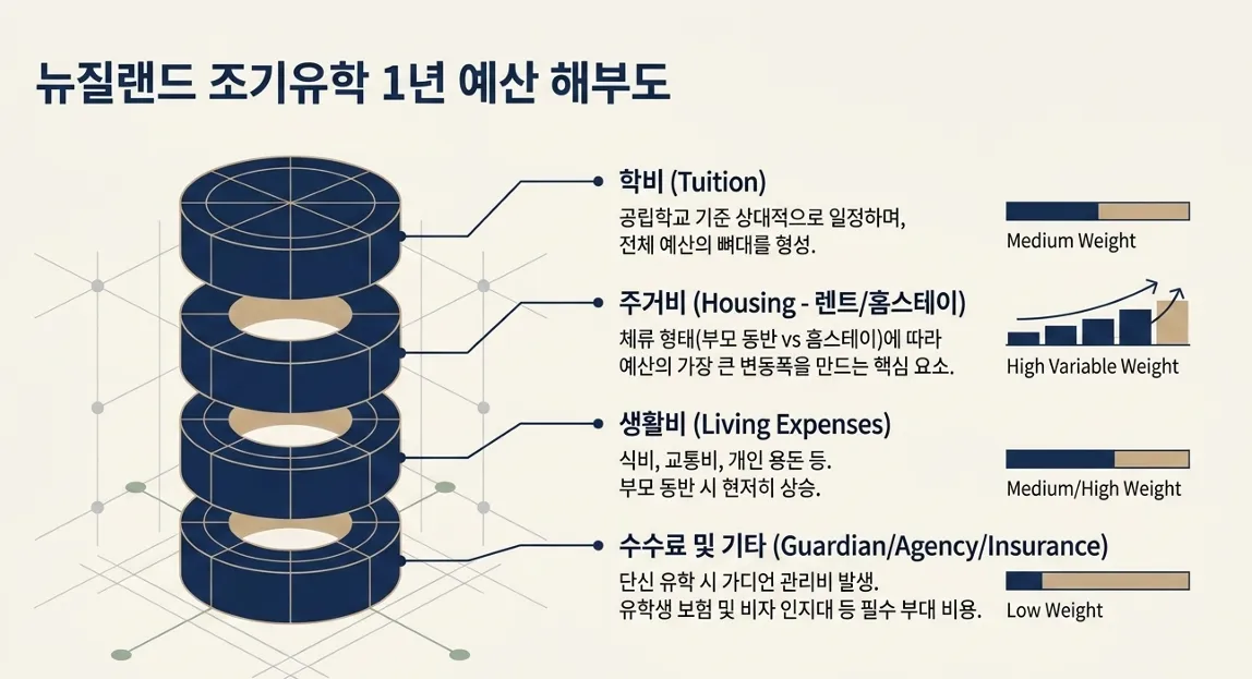뉴질랜드 조기유학 1년 비용 항목별 구성 인포그래픽