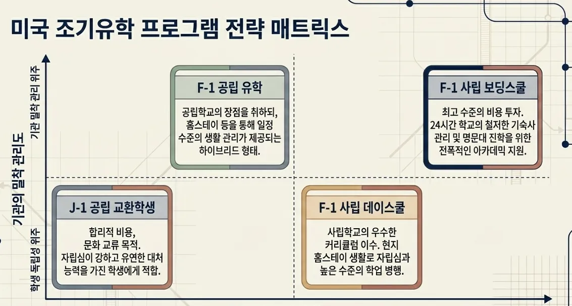 미국 사립 보딩스쿨과 공립 교환학생 비교 인포그래픽