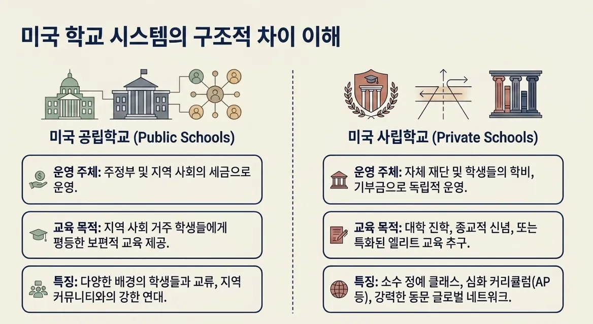미국 공립학교와 사립학교 비교 인포그래픽